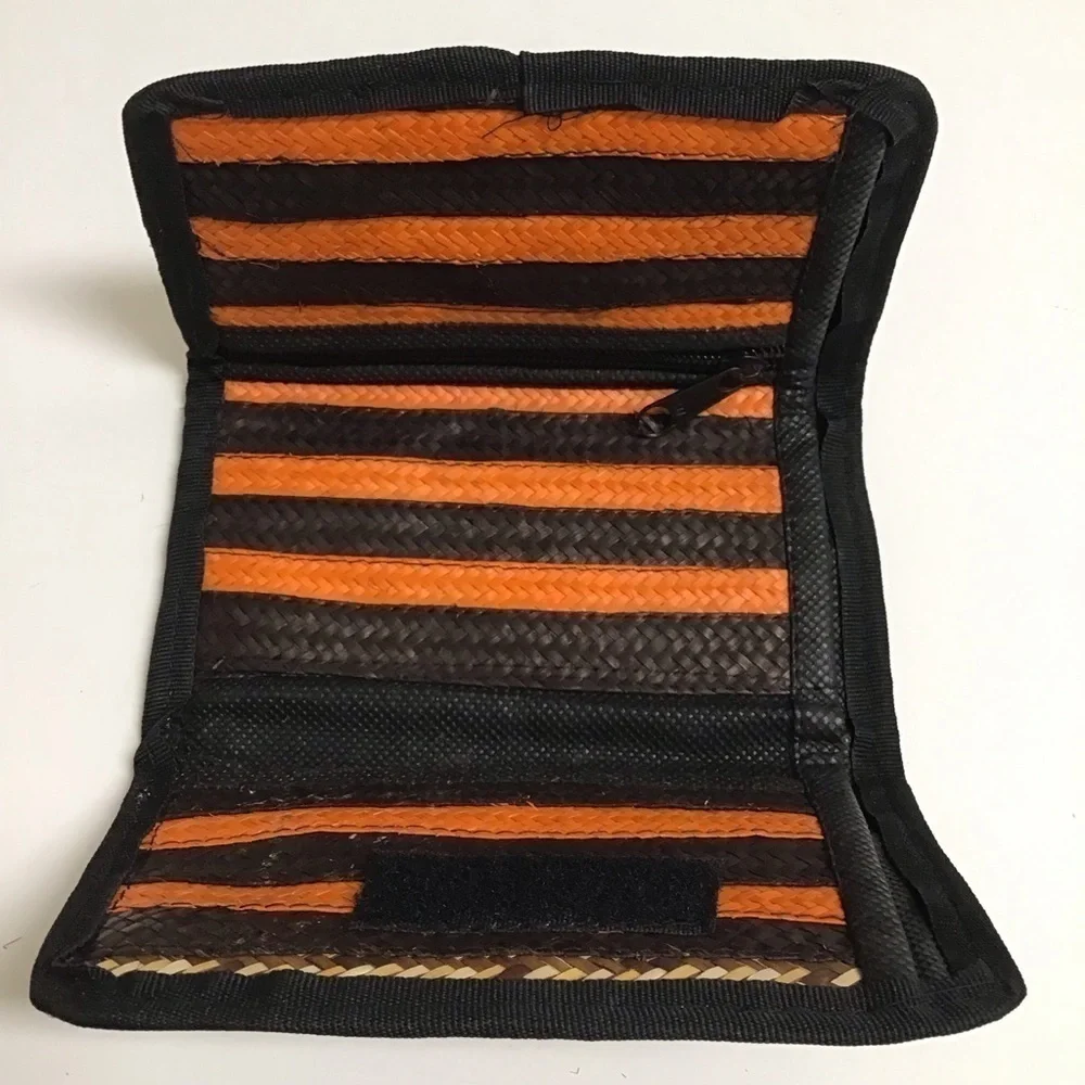 Handmade Woven Straw Wallet Zip Pouch Stripe Clutch Raffia Natural Brown Orange